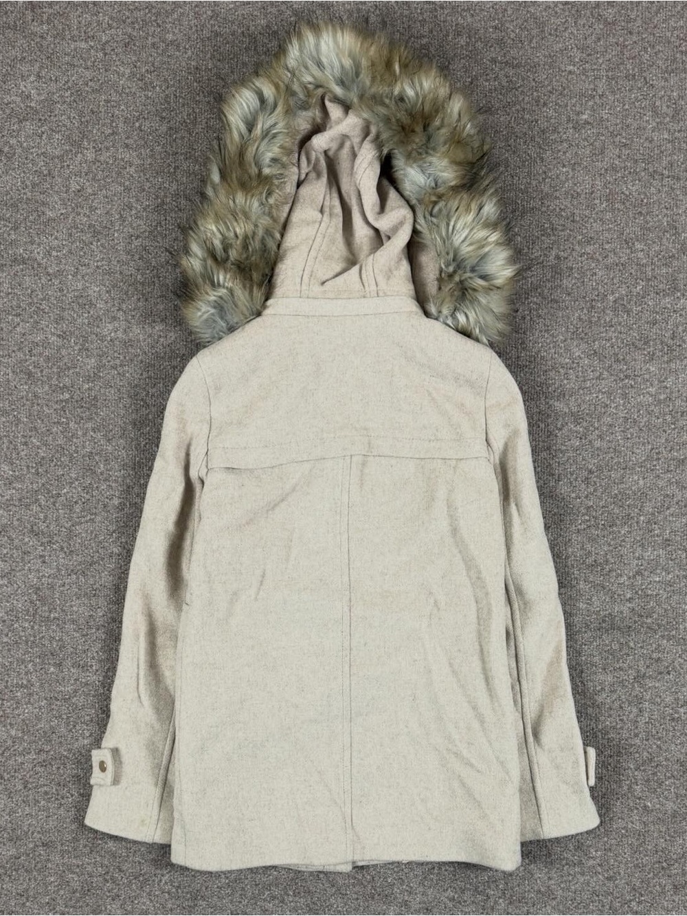 Zara Oatmeal Beige Wool Blend Duffle Coat Women’s XS Removable Hood & Fur Trim - Picture 2 of 10